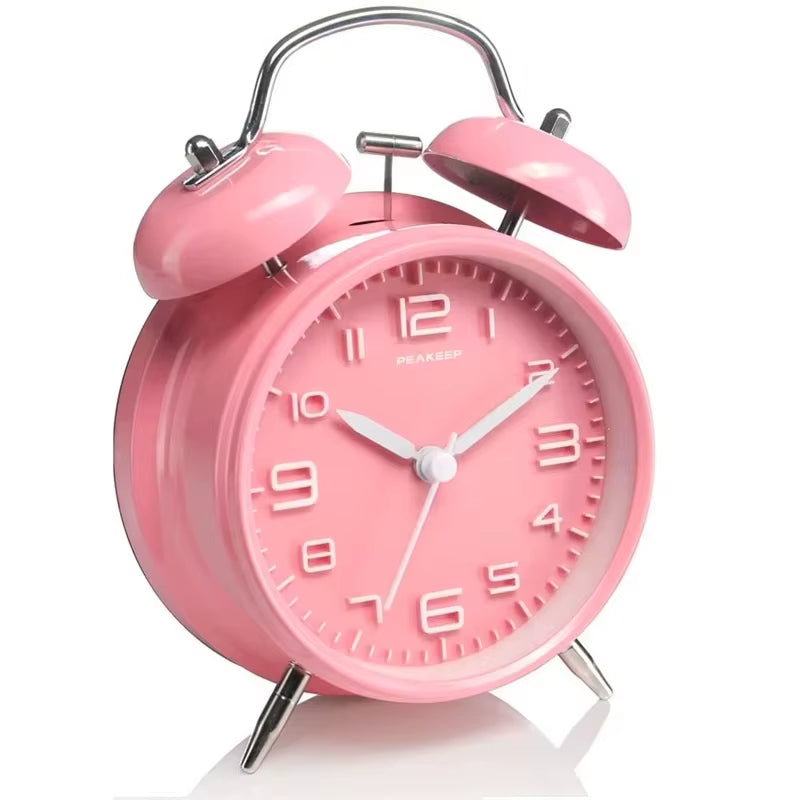 4 Inch Twin Bell Loud Alarm Clock Metal Frame 3D Dial with Backlight Battery Operate Desk Table Alarm Clock for Home and Office