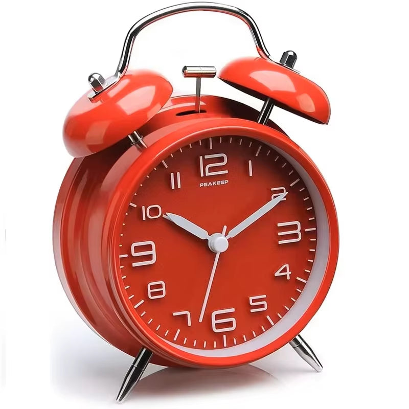 4 Inch Twin Bell Loud Alarm Clock Metal Frame 3D Dial with Backlight Battery Operate Desk Table Alarm Clock for Home and Office