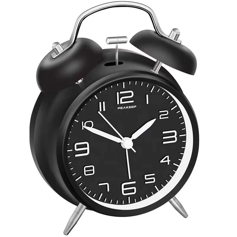 4 Inch Twin Bell Loud Alarm Clock Metal Frame 3D Dial with Backlight Battery Operate Desk Table Alarm Clock for Home and Office