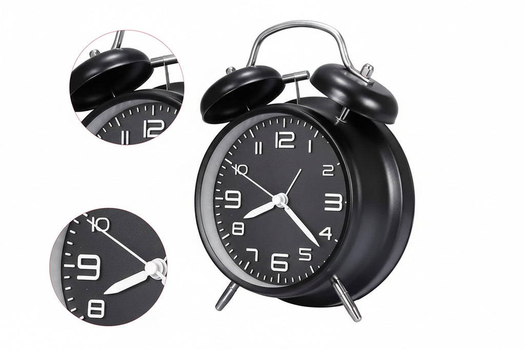 4 Inch Twin Bell Loud Alarm Clock Metal Frame 3D Dial with Backlight Battery Operate Desk Table Alarm Clock for Home and Office