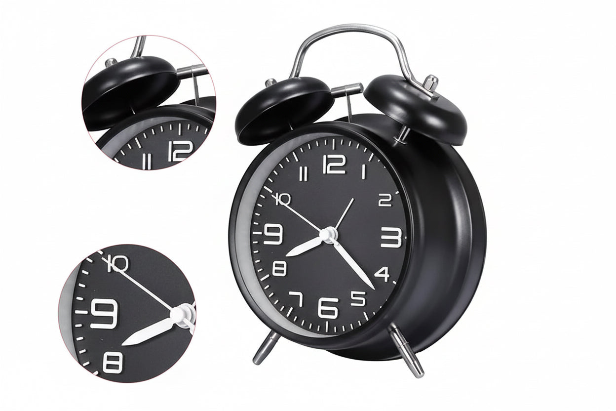 4 Inch Twin Bell Loud Alarm Clock Metal Frame 3D Dial with Backlight Battery Operate Desk Table Alarm Clock for Home and Office